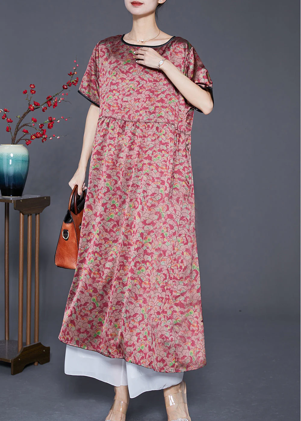 Natural Red Oversized Print Silk Maxi Dresses Summer - Image 2