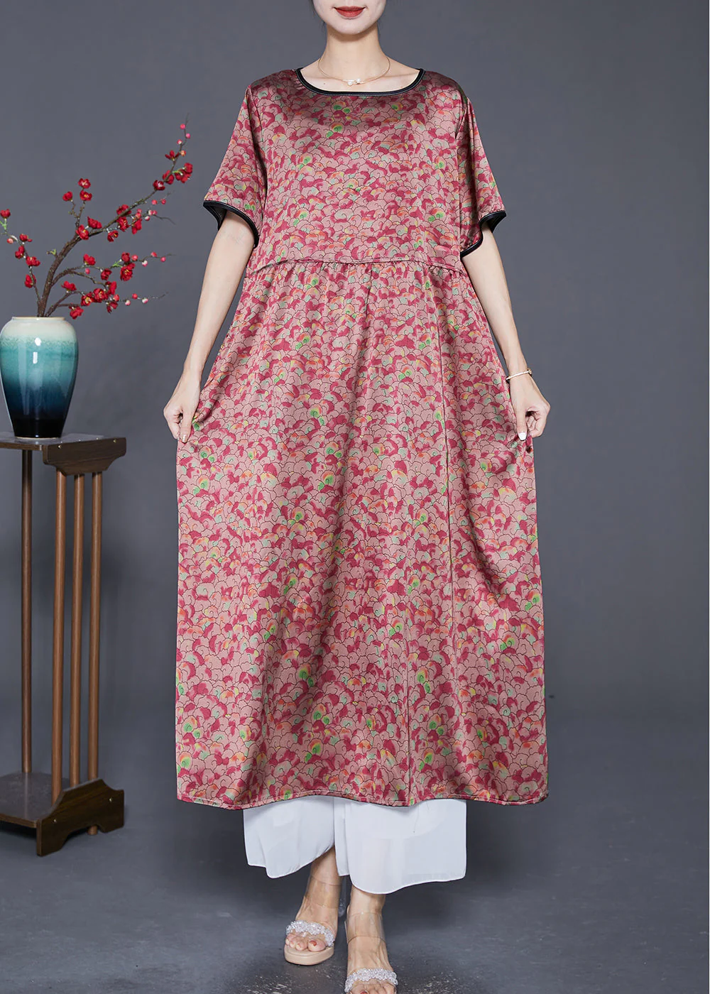 Natural Red Oversized Print Silk Maxi Dresses Summer - Image 3