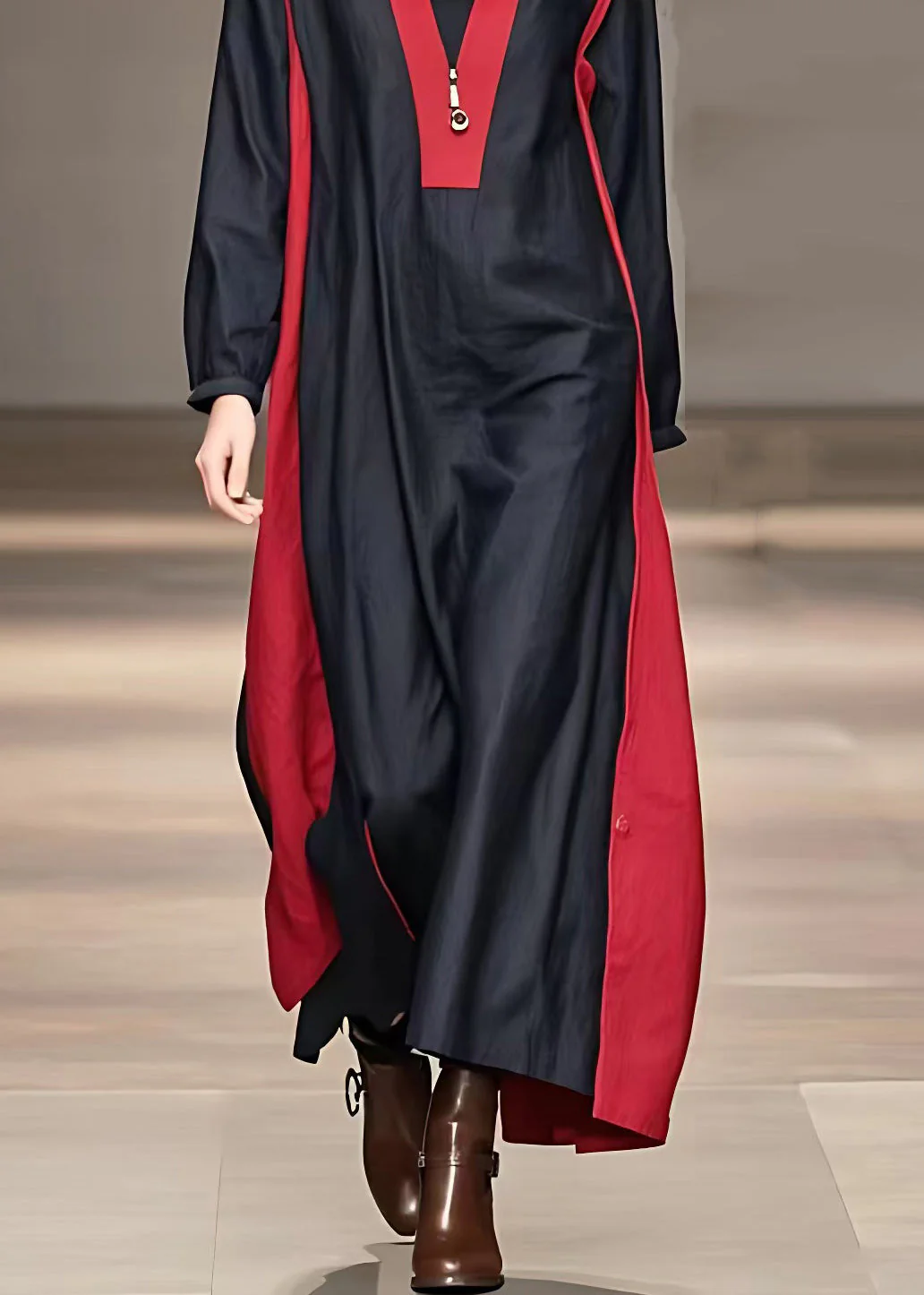 Natural Red Patchwork Black Zippered Maxi Dresses Fall - Image 5