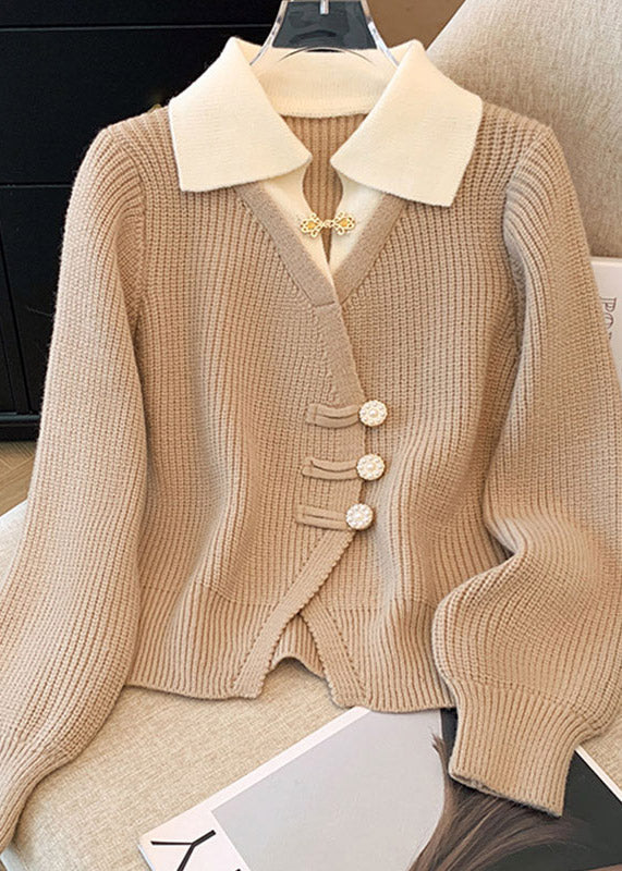 Natural Red Peter Pan Collar False Two Pieces Knit Top Spring - Image 2