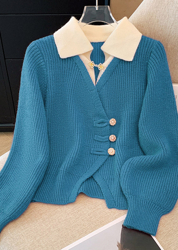 Natural Red Peter Pan Collar False Two Pieces Knit Top Spring - Image 3