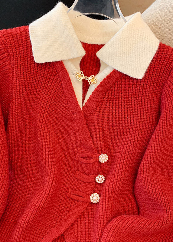 Natural Red Peter Pan Collar False Two Pieces Knit Top Spring - Image 5