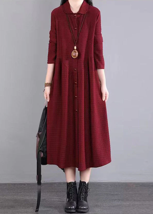 Natural Red Peter Pan Collar Patchwork Cotton Shirts Dress Fall - Image 3