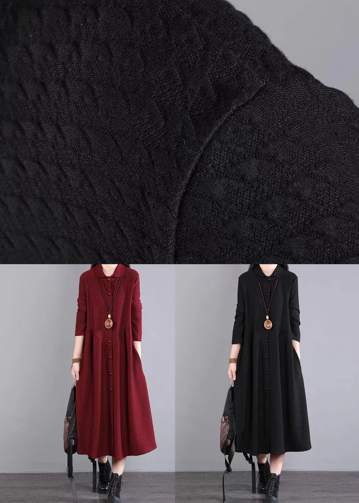 Natural Red Peter Pan Collar Patchwork Cotton Shirts Dress Fall - Image 5