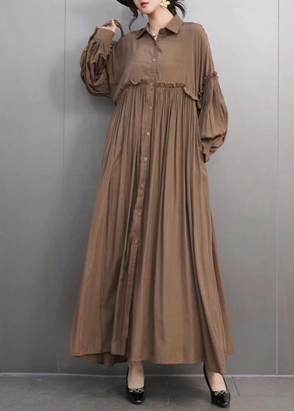 Natural Red Peter Pan Collar Ruffled Patchwork Maxi Dresses Long Sleeve - Image 2