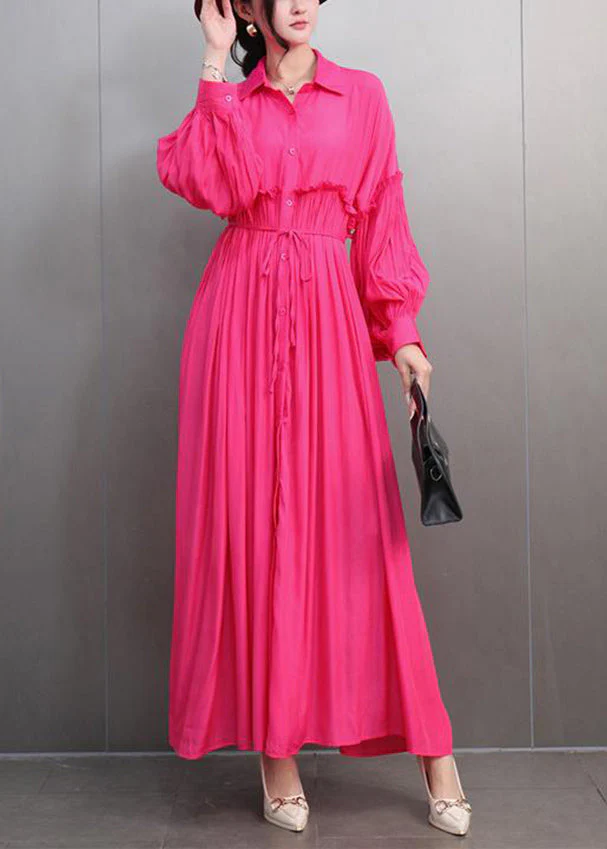 Natural Red Peter Pan Collar Ruffled Patchwork Maxi Dresses Long Sleeve - Image 3