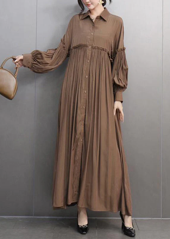 Natural Red Peter Pan Collar Ruffled Patchwork Maxi Dresses Long Sleeve - Image 4