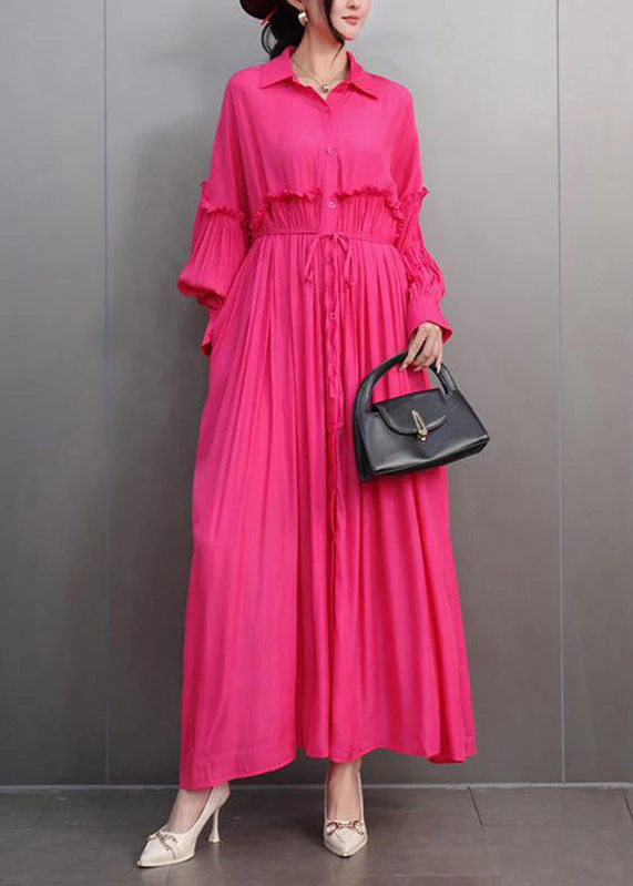 Natural Red Peter Pan Collar Ruffled Patchwork Maxi Dresses Long Sleeve - Image 5