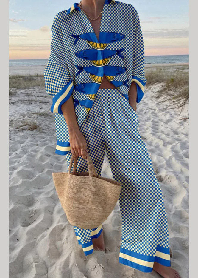 Natural Red Peter Pan Collar Striped Shirts And Wide Leg Pants Two Piece Set Fall - Image 4