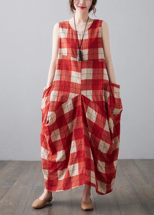 Natural Red Plaid Sleeveless Pockets Summer Dress - Image 2
