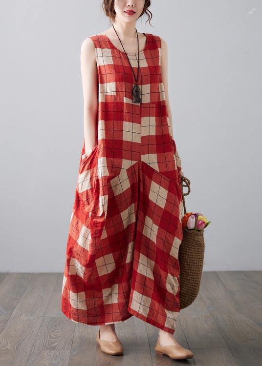 Natural Red Plaid Sleeveless Pockets Summer Dress - Image 3