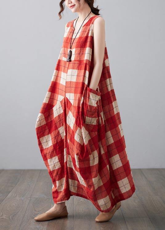 Natural Red Plaid Sleeveless Pockets Summer Dress - Image 4