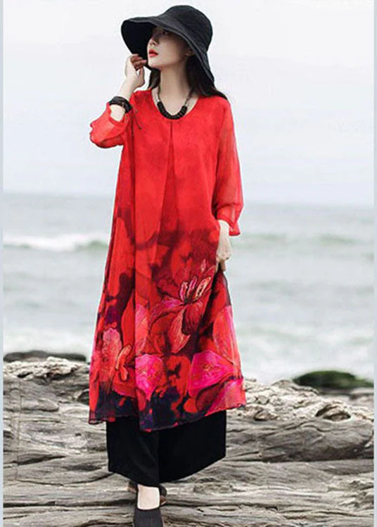 Natural Red Print Chiffon Maxi Dress Three Quarter sleeve - Image 2