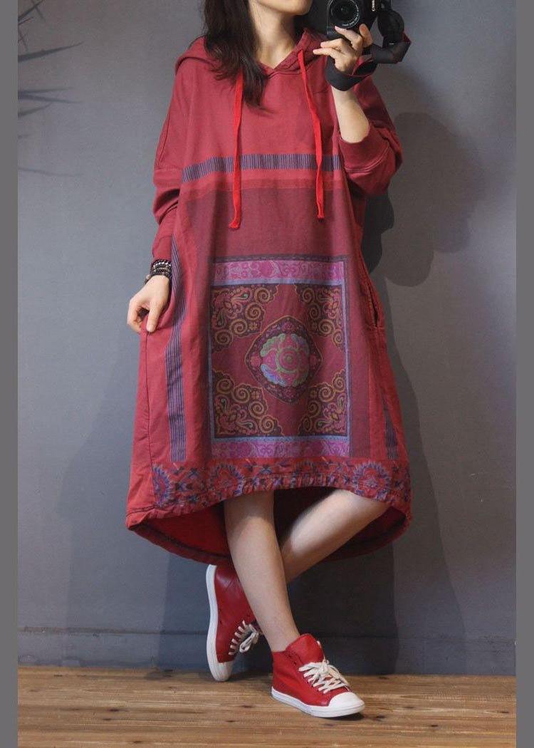 Natural Red Print low high design Dresses Summer Cotton Dress