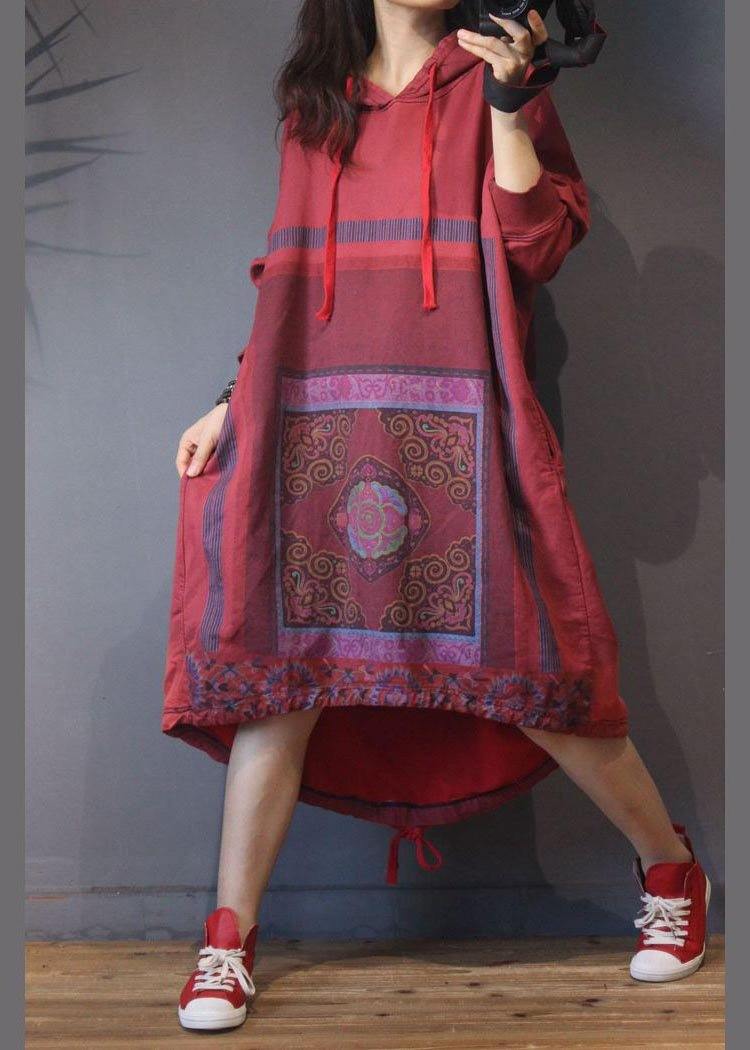 Natural Red Print low high design Dresses Summer Cotton Dress - Image 2