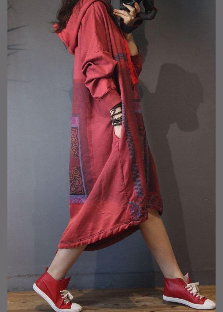 Natural Red Print low high design Dresses Summer Cotton Dress - Image 3