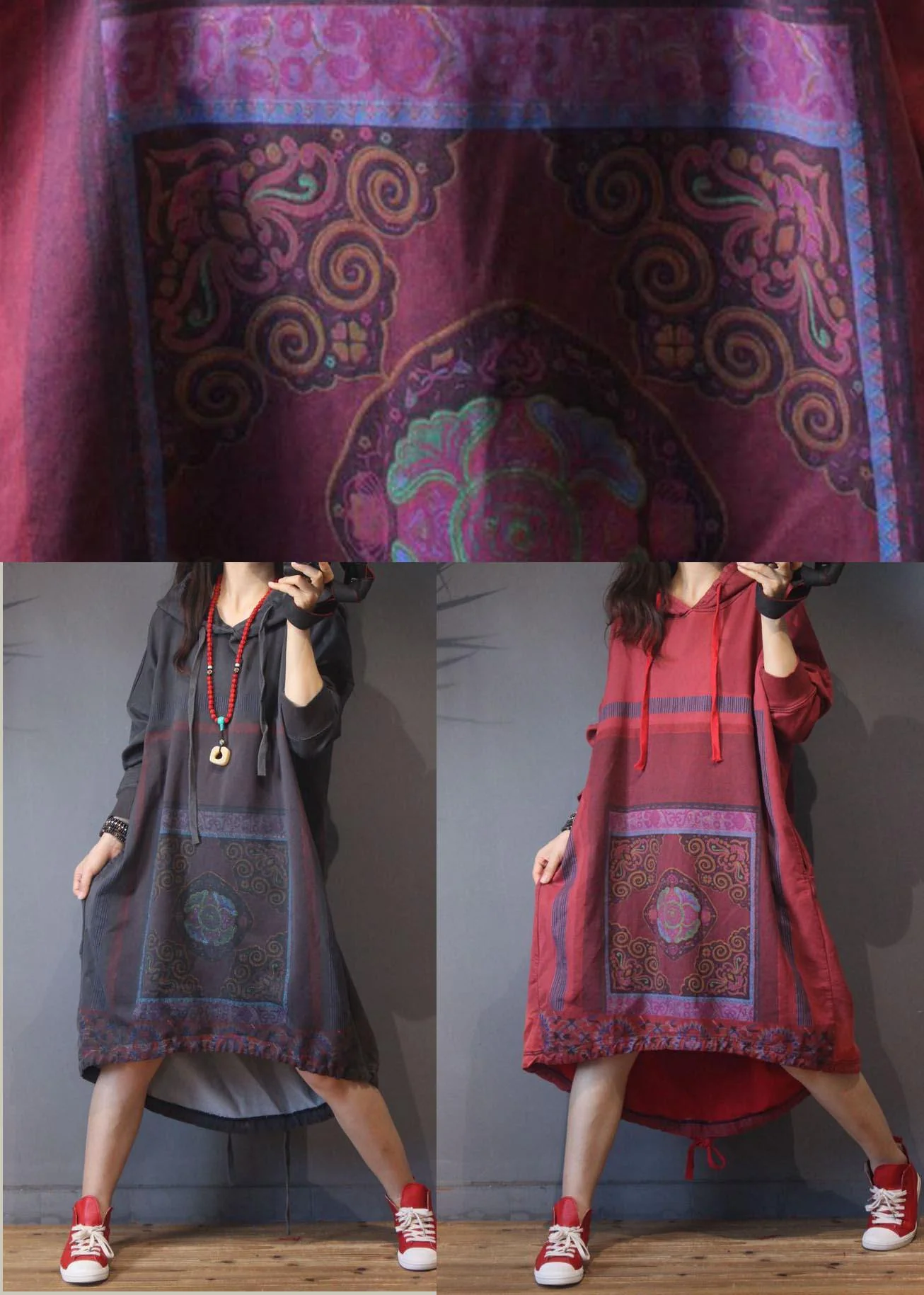 Natural Red Print low high design Dresses Summer Cotton Dress - Image 5