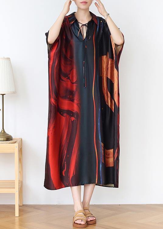 Natural Red Print Peter Pan Collar Summer Chiffon Dress - Image 2