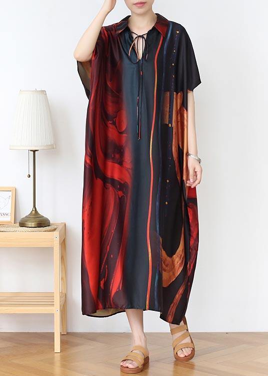 Natural Red Print Peter Pan Collar Summer Chiffon Dress - Image 3