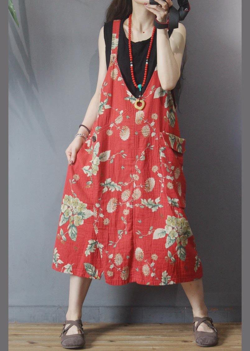 Natural Red Print Pockets carpenter Maxi Dress Summer Cotton Linen - Image 2