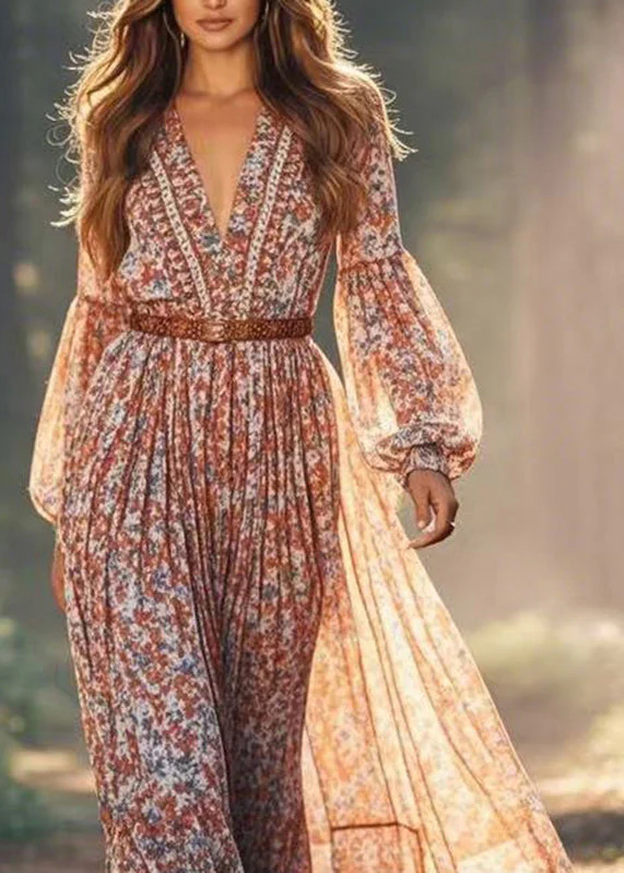 Natural Red Print Wrinkled Chiffon Maxi Dresses Spring - Image 2