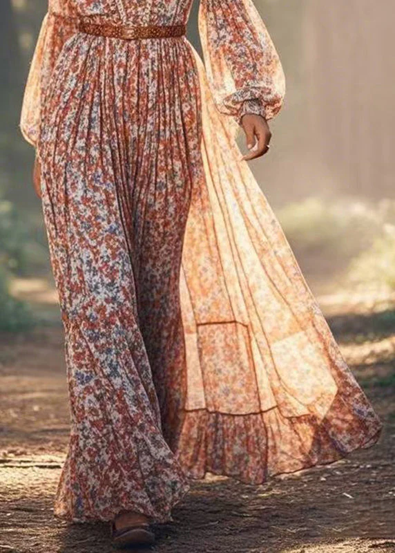 Natural Red Print Wrinkled Chiffon Maxi Dresses Spring - Image 4
