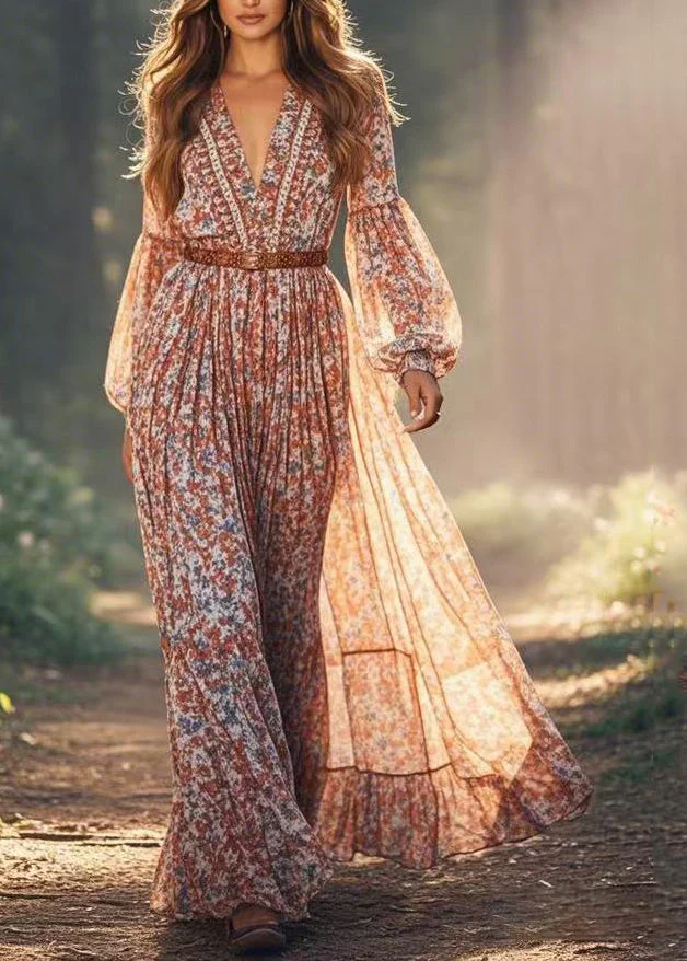 Natural Red Print Wrinkled Chiffon Maxi Dresses Spring - Image 5
