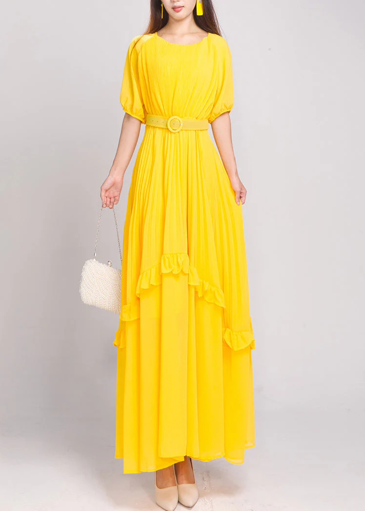 Natural Red Ruffled Patchwork Sashes Chiffon Long Dress Summer - Image 2