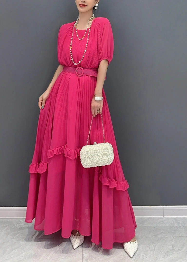 Natural Red Ruffled Patchwork Sashes Chiffon Long Dress Summer - Image 3
