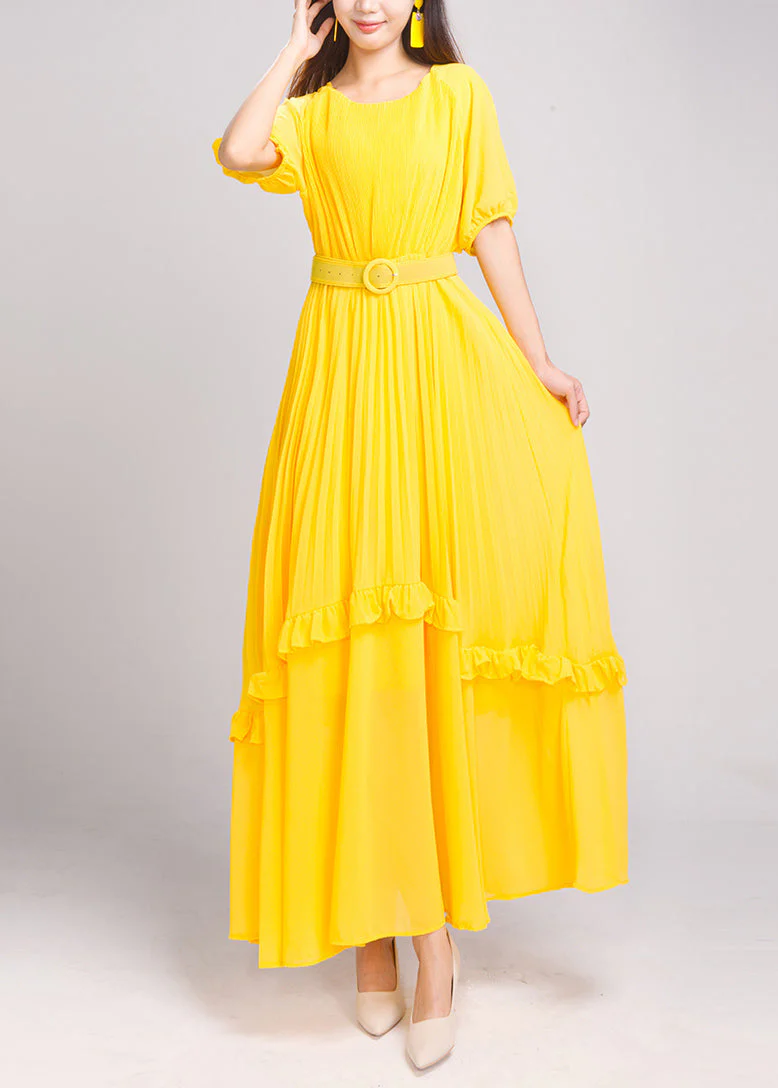 Natural Red Ruffled Patchwork Sashes Chiffon Long Dress Summer - Image 4