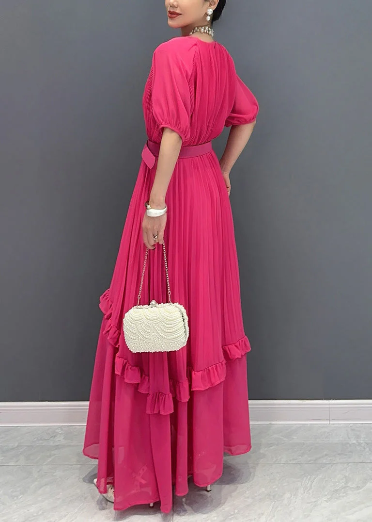 Natural Red Ruffled Patchwork Sashes Chiffon Long Dress Summer - Image 5