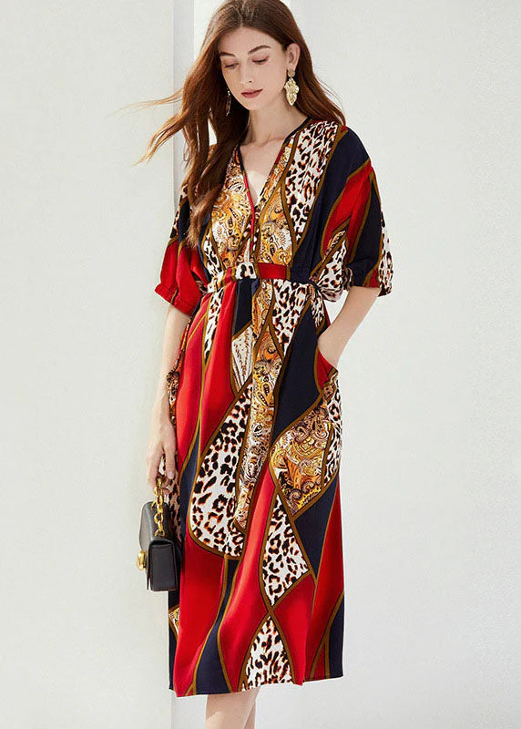 Natural Red V Neck Wrinkled Pockets Print Cotton Dresses Summer - Image 2