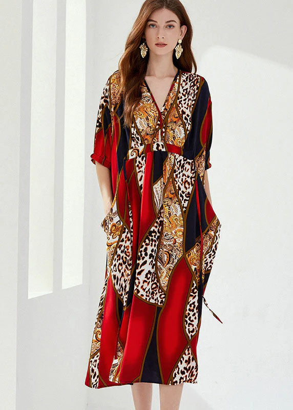 Natural Red V Neck Wrinkled Pockets Print Cotton Dresses Summer - Image 3