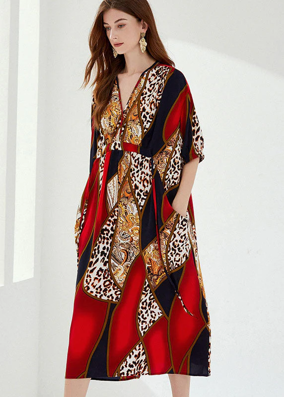 Natural Red V Neck Wrinkled Pockets Print Cotton Dresses Summer - Image 4