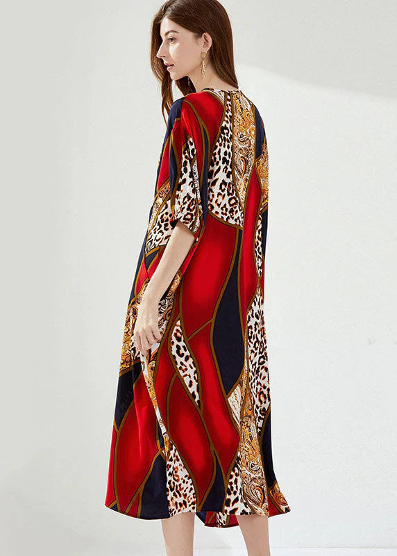 Natural Red V Neck Wrinkled Pockets Print Cotton Dresses Summer - Image 5