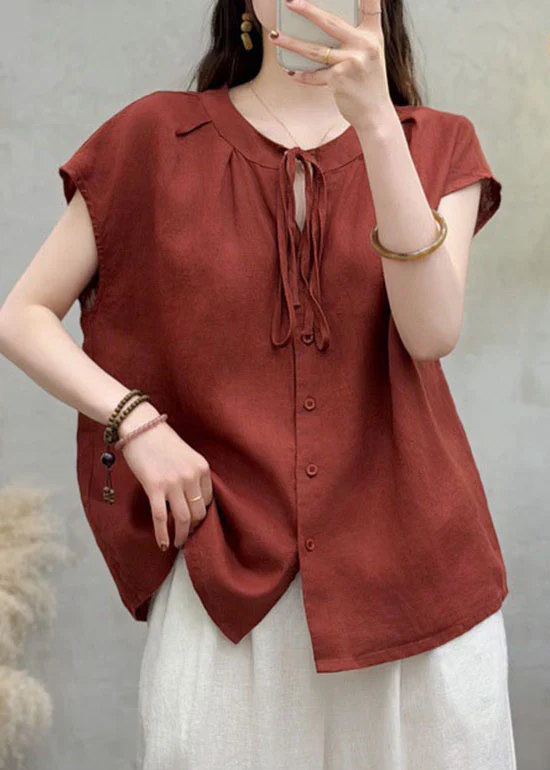 Natural Royal Blue O Neck Lace Up Linen Shirts Summer - Image 2