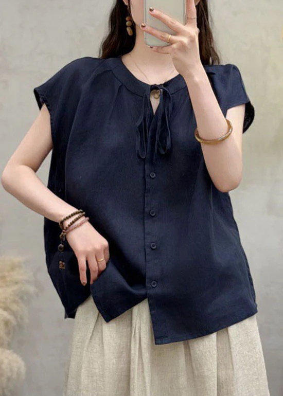 Natural Royal Blue O Neck Lace Up Linen Shirts Summer - Image 3