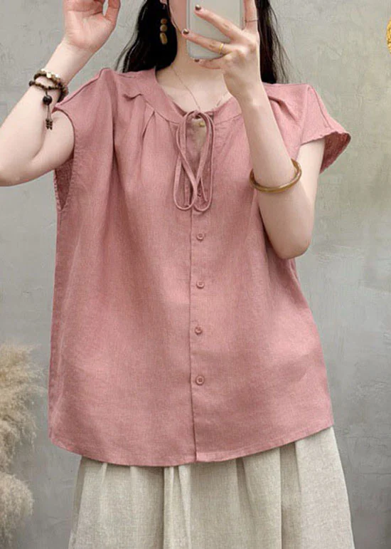 Natural Royal Blue O Neck Lace Up Linen Shirts Summer - Image 4
