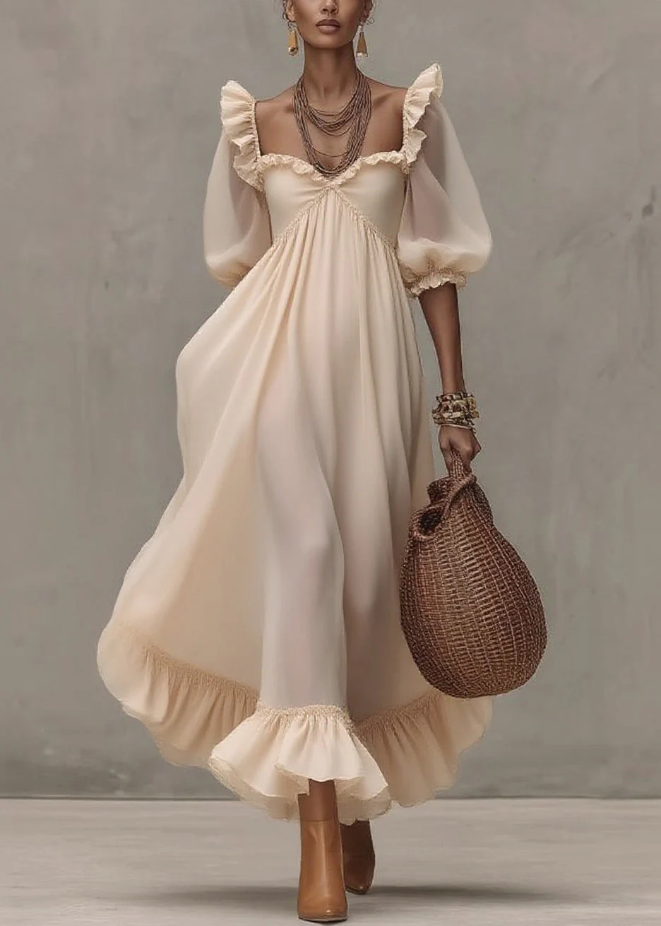 Natural Ruffled Patchwork Party Long Dress Short Sleeve - Image 5