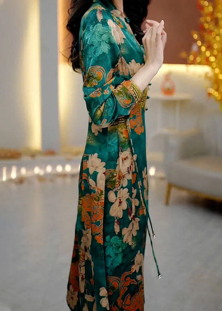 Natural Stand Collar Print High Waist Silk Long Dress Fall - Image 3