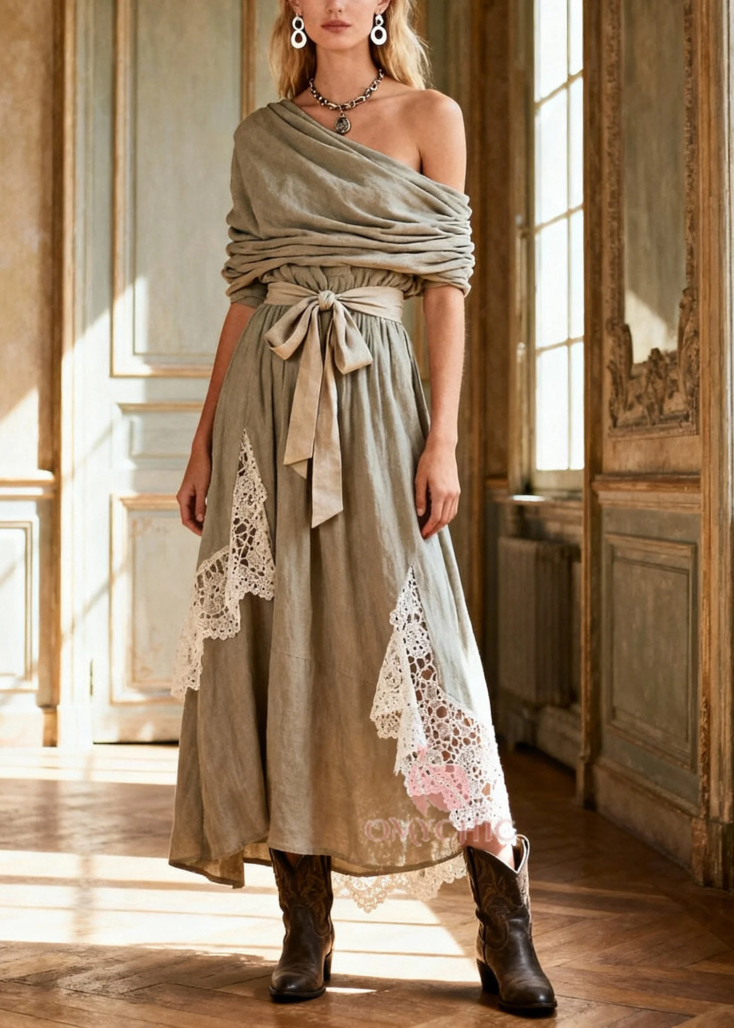 Natural Tie Waist Lace Patchwork Long Dress Spring - Image 3