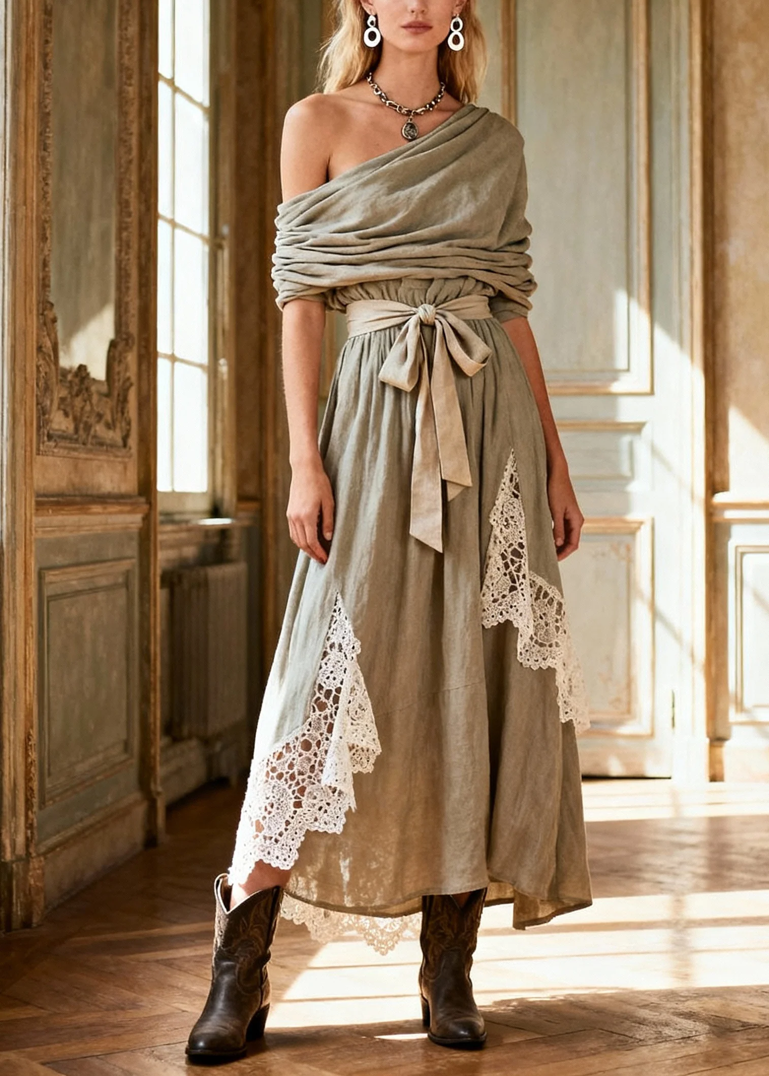 Natural Tie Waist Lace Patchwork Long Dress Spring - Image 5