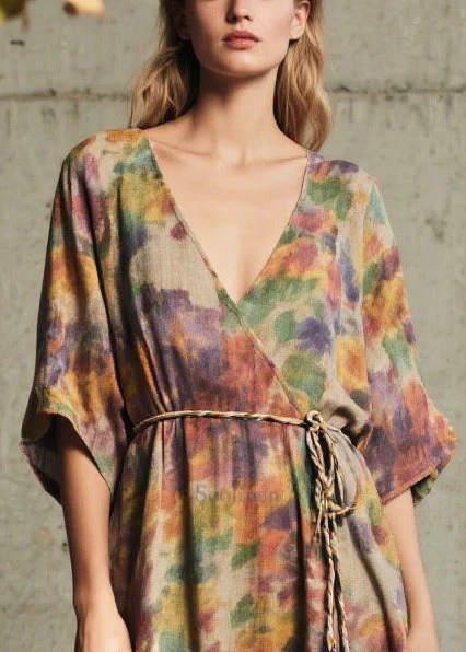 Natural Tie Waist Print Cotton Maxi Dresses Summer - Image 2