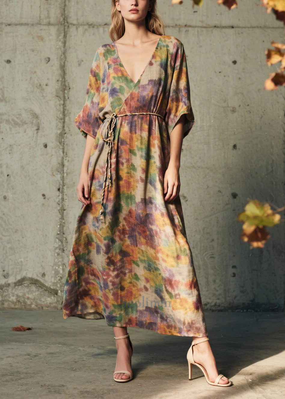 Natural Tie Waist Print Cotton Maxi Dresses Summer - Image 3