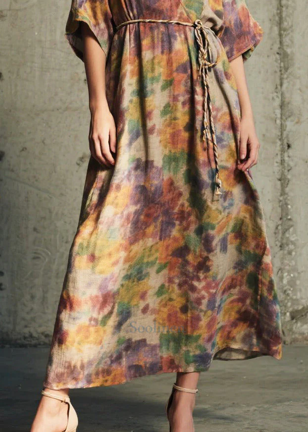 Natural Tie Waist Print Cotton Maxi Dresses Summer - Image 4