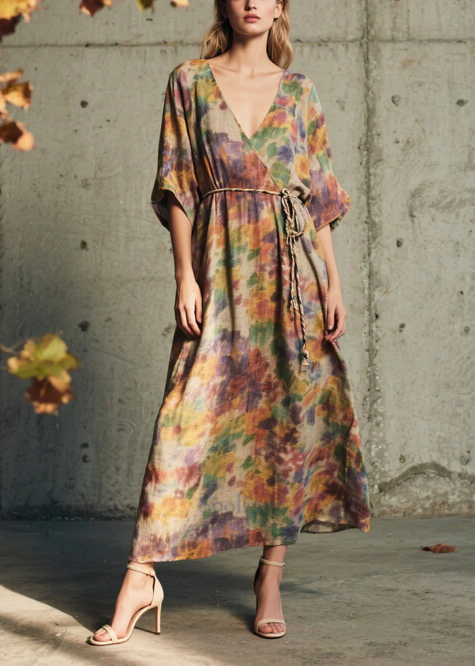 Natural Tie Waist Print Cotton Maxi Dresses Summer - Image 5