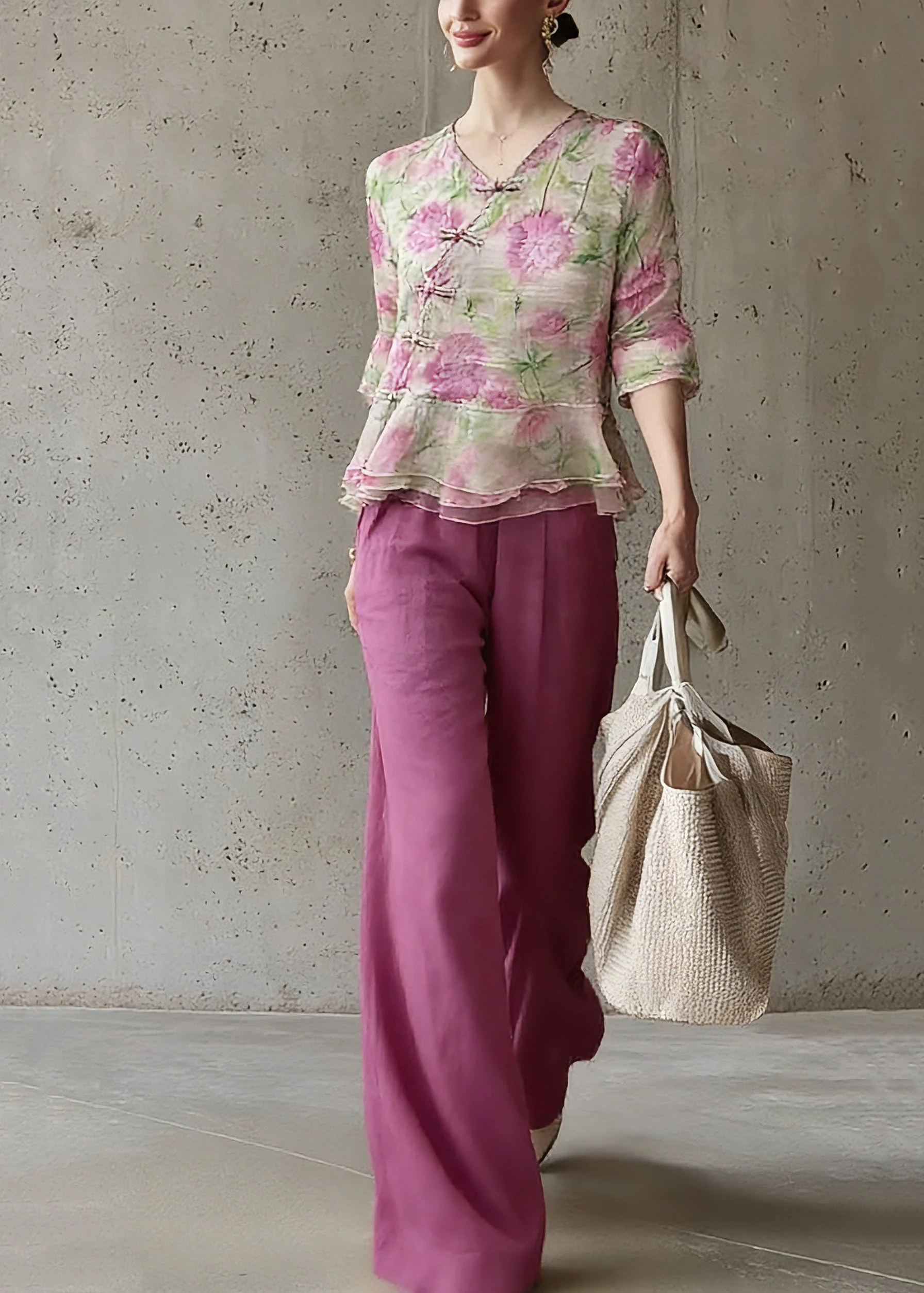 Natural V Neck Print Top And Pants Two Pieces Set Spring - Image 3