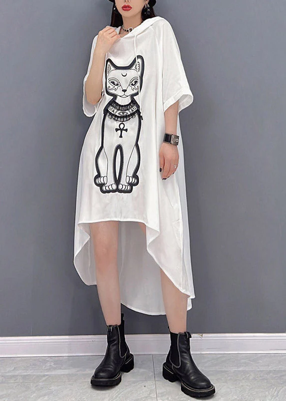 Natural White O-Neck Print Low High Design Chiffon Hooded Dress Three Quarter Sleeve - Image 2