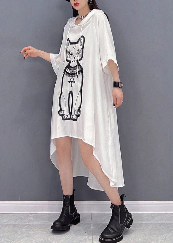 Natural White O-Neck Print Low High Design Chiffon Hooded Dress Three Quarter Sleeve - Image 3