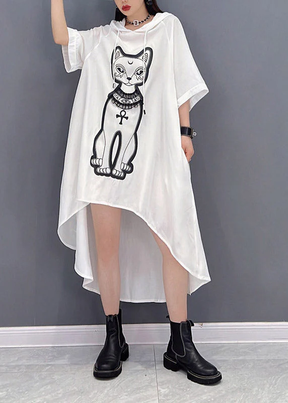 Natural White O-Neck Print Low High Design Chiffon Hooded Dress Three Quarter Sleeve - Image 4
